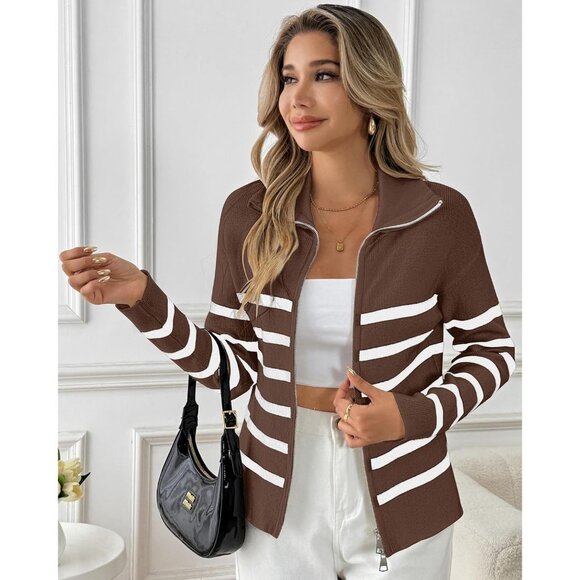Bsubseach Womens Striped Brown Cropped Cardigan Lightweight Fall Zip Up Sweater - Picture 5 of 6